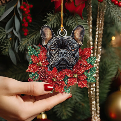 Shineful 2D Acrylic Ornament - Festive Frenchie Poinsettia