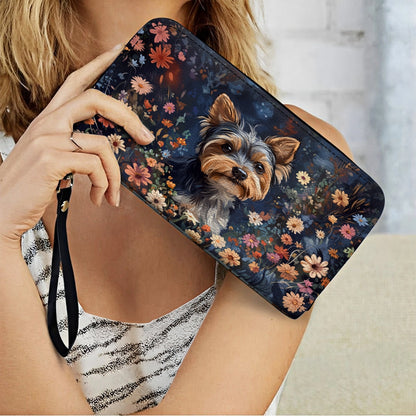 Shineful Leather Clutch Purse With Wristlet Strap Handle Enchanted Yorkie Bloom