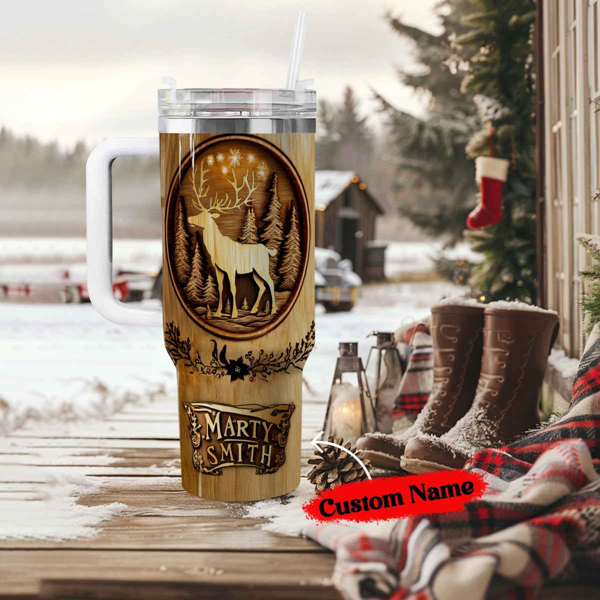 Shineful Glossy Tumbler Personalized Reindeer Woodcut Christmas