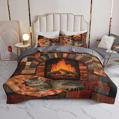 Shineful All Season Quilt 3-Piece Set Cozy Cat By The Fireplace