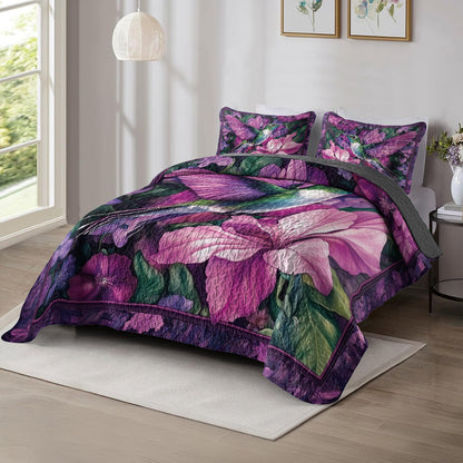 Shineful All Season Quilt 3-Piece Set Purple Hummingbird & Floral