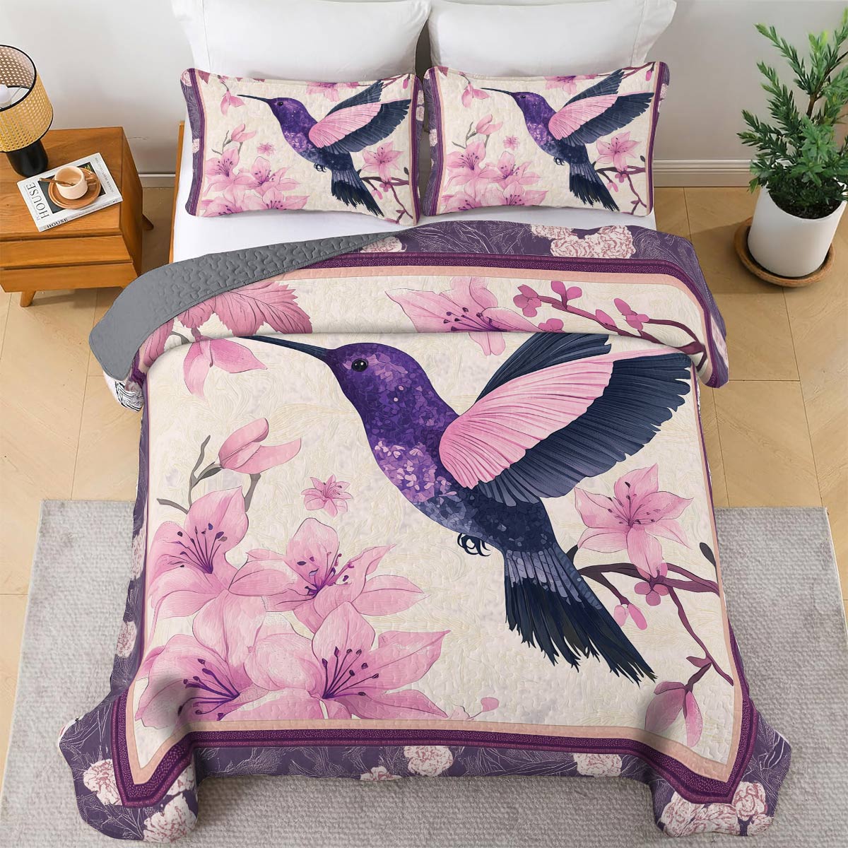 Shineful All Season Quilt 3-Piece Set - Hummingbird Blooming Beauty