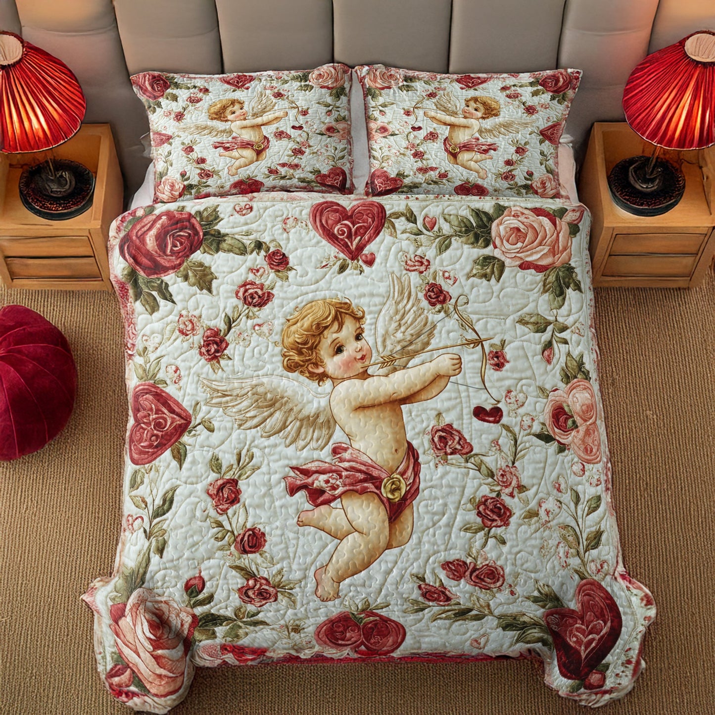 Glänzendes, flaches Druck-All-Season-Quilt-3-teiliges Set - Cupid's Cozy 