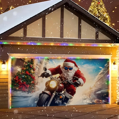 Shineful Garage Door Banner Decoration Holiday Rush Santa Motorcycle
