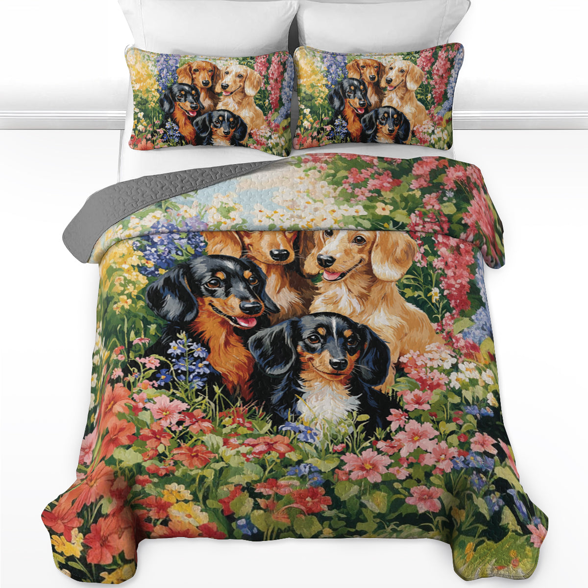 Shineful All Season Quilt 3-Piece Set Spring Floral Dachshund