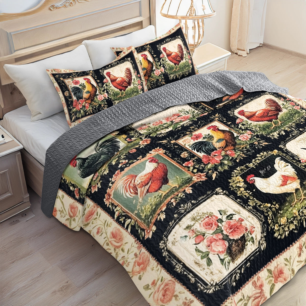 Shineful All Season Quilt 3-Piece Set Floral Graceful Chickens