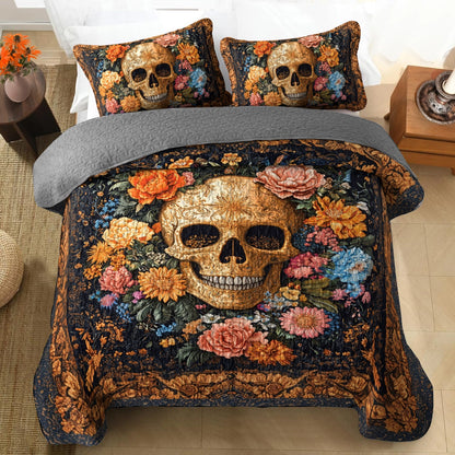 Shineful All Season Quilt 3-Piece Set Ornate Skull Garden