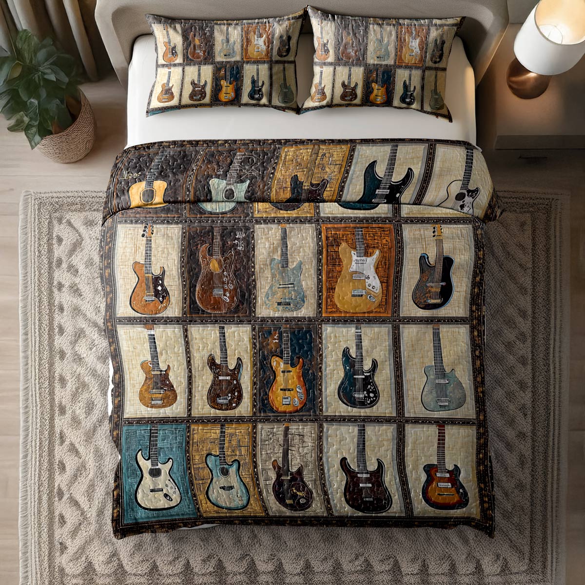 Shineful All Season Quilt 3-Piece Set - Vintage Guitar Patchwork