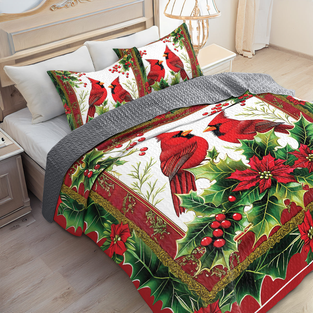 Shineful All Season Quilt 3-Piece Set - Winter Cardinals and Holly Christmas