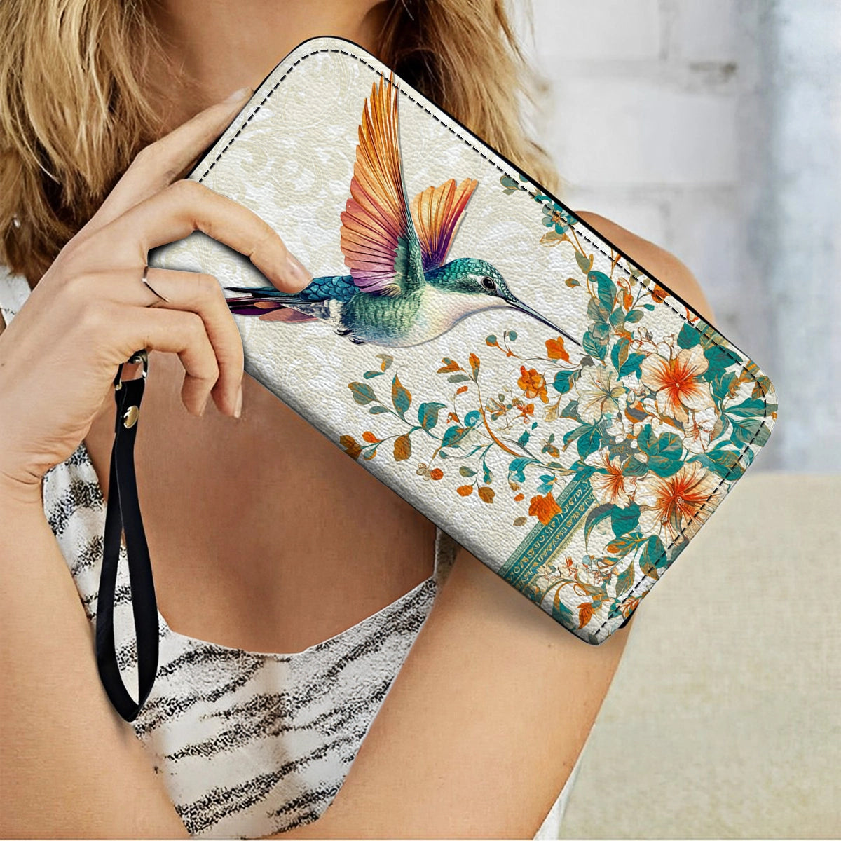 Shineful Leather Clutch Purse With Wristlet Strap Handle Hummingbird Harmony