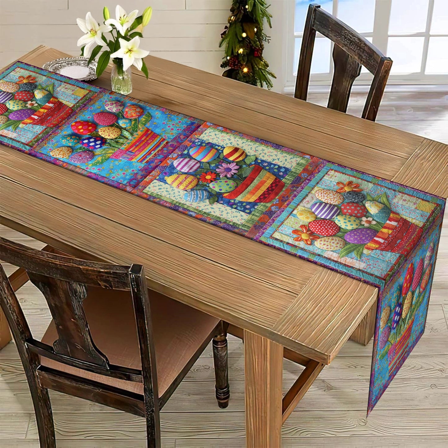 Shineful 2D Flat Print Quilted Table Runner Vibrant Easter Eggs Basket