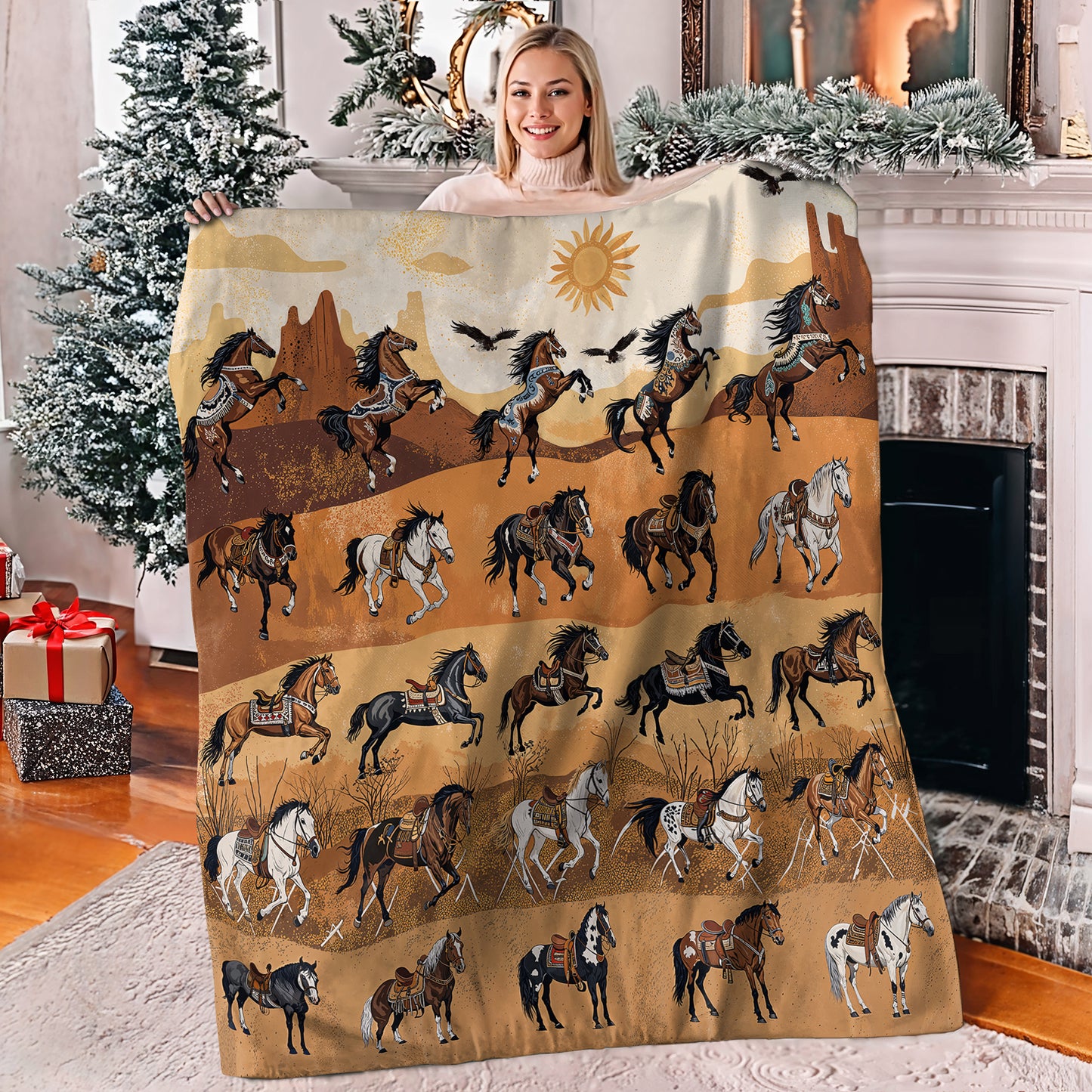 Shineful Fleece Blanket Native America Horses In Motion