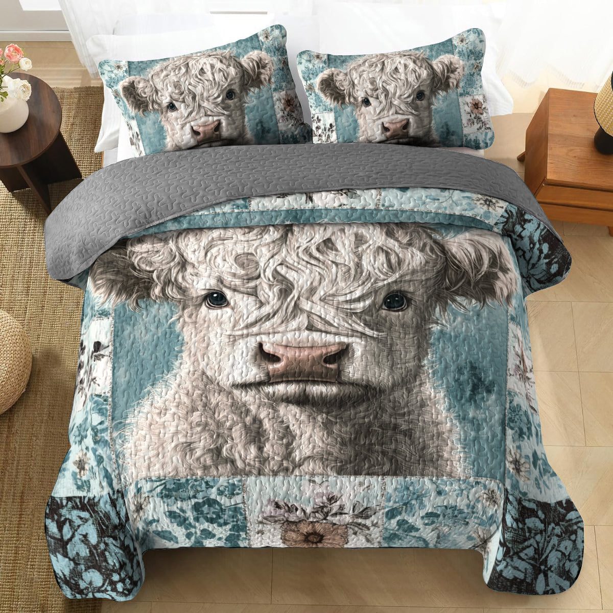 Shineful All Season Quilt 3-Piece Set Curly Highland Cow