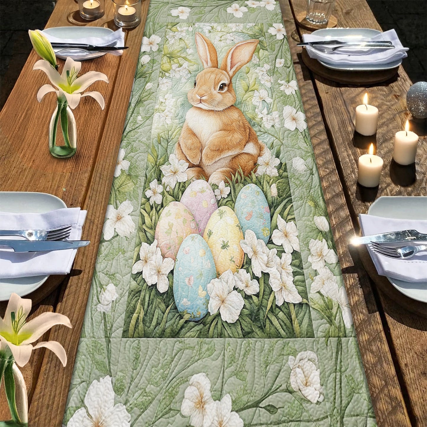 Shineful 2D Quilted Table Runner Easter Blossom Bunny