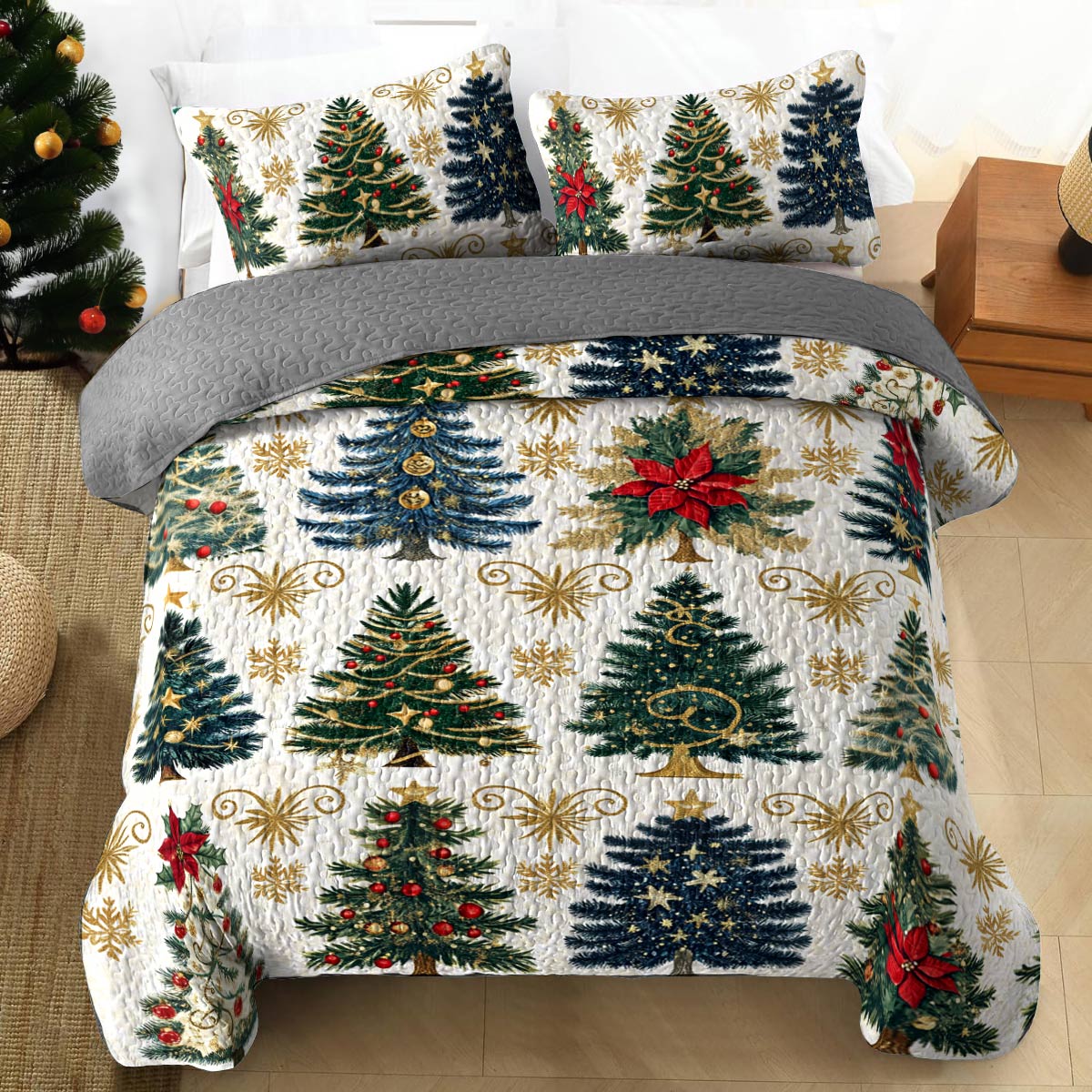 Shineful All Season Quilt 3-Piece Set Happy Gentle Christmas Trees