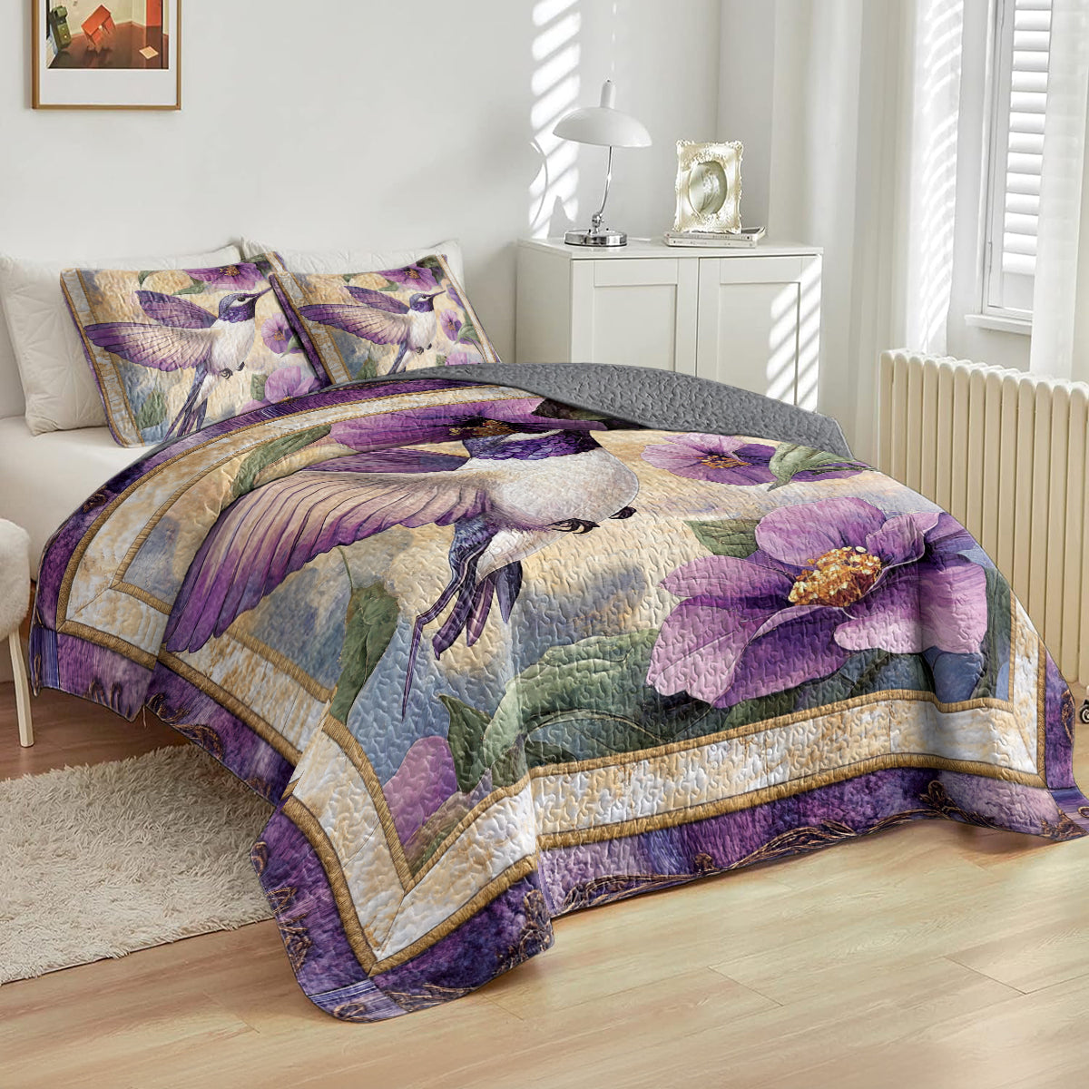 Shineful All Season Quilt 3-Piece Set Purple Hummingbird Dream