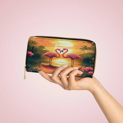 Shineful Leather Clutch Purse With Wristlet Strap Handle Flamingo Sunset Love