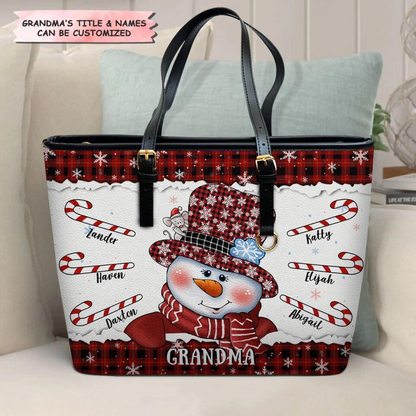 Grandma Snowman Christmas - Personalized Custom Leather Bucket Bag - Christmas Gift For Grandma