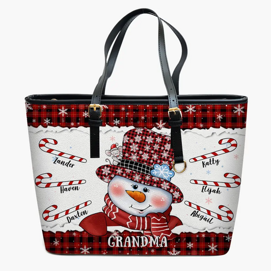 Grandma Snowman Christmas - Personalized Custom Leather Bucket Bag - Christmas Gift For Grandma