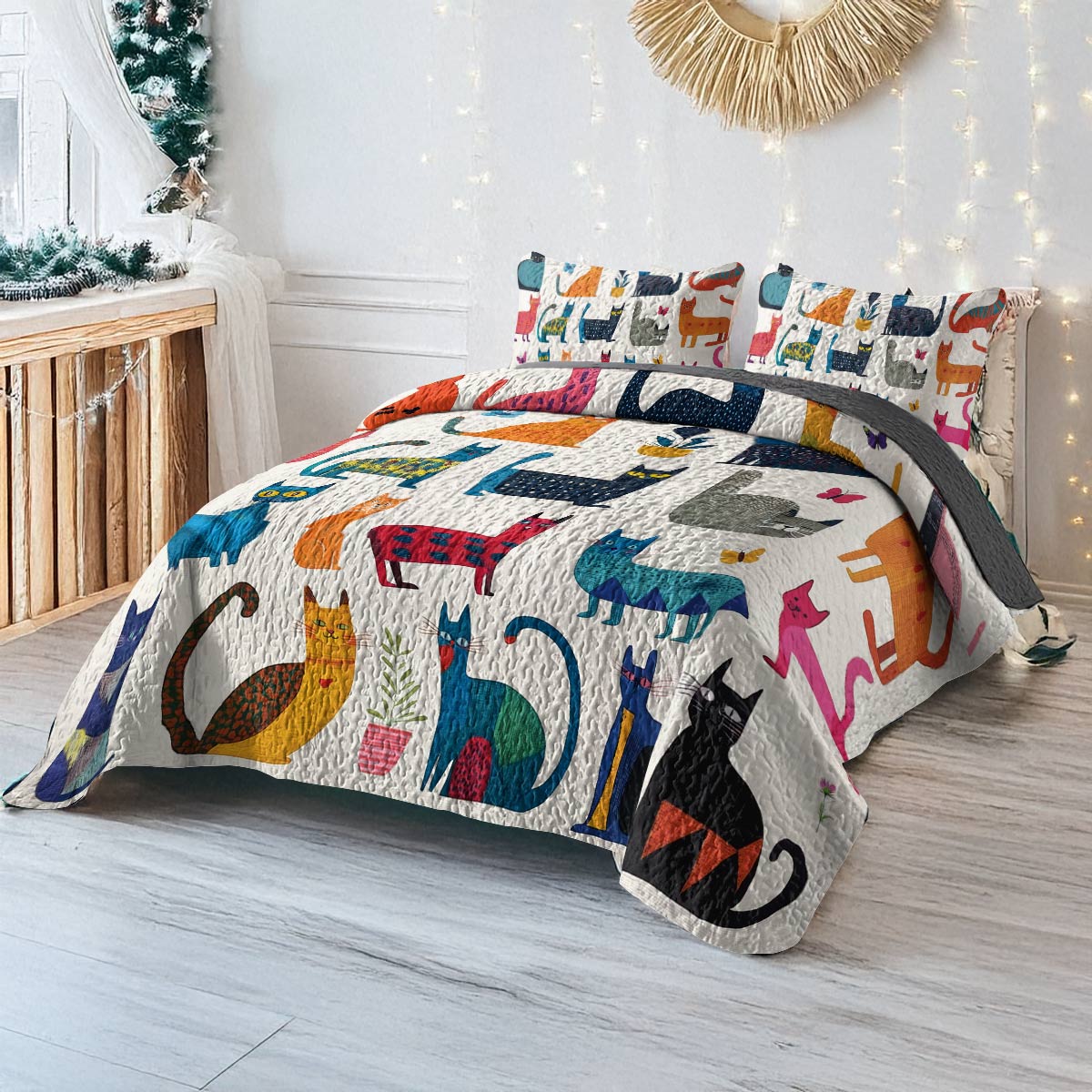 Shineful All Season Quilt 3-Piece Set - Colorful Cats Wonderland