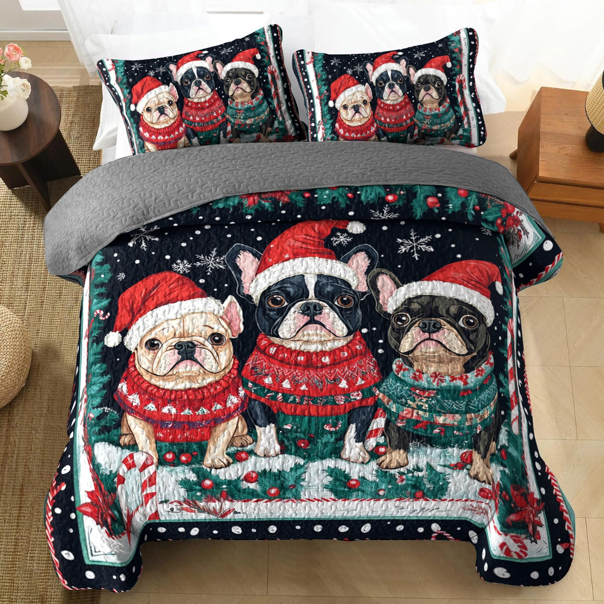 Shineful All Season Quilt 3-Piece Set French Bulldog Winter Wonderland