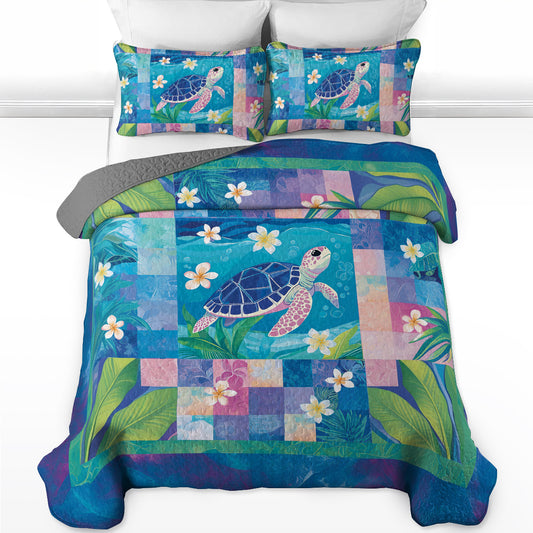 Shineful All Season Quilt 3-Piece Set Plumeria Sea Turtle