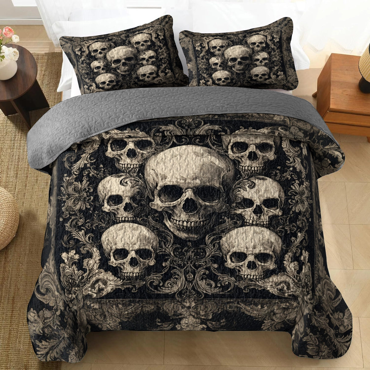 Shineful All Season Quilt 3-Piece Set - Gothic Skull Majesty