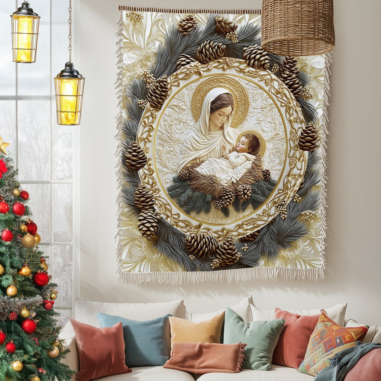 Shineful Woven Tapestry Throw Blanket - Mother’s Embrace Mary & Jesus