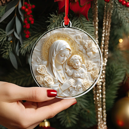 Glänzendes 2D-Ornament aus Acryl – Jungfrau Maria und Jesuskind, Weihnachten 