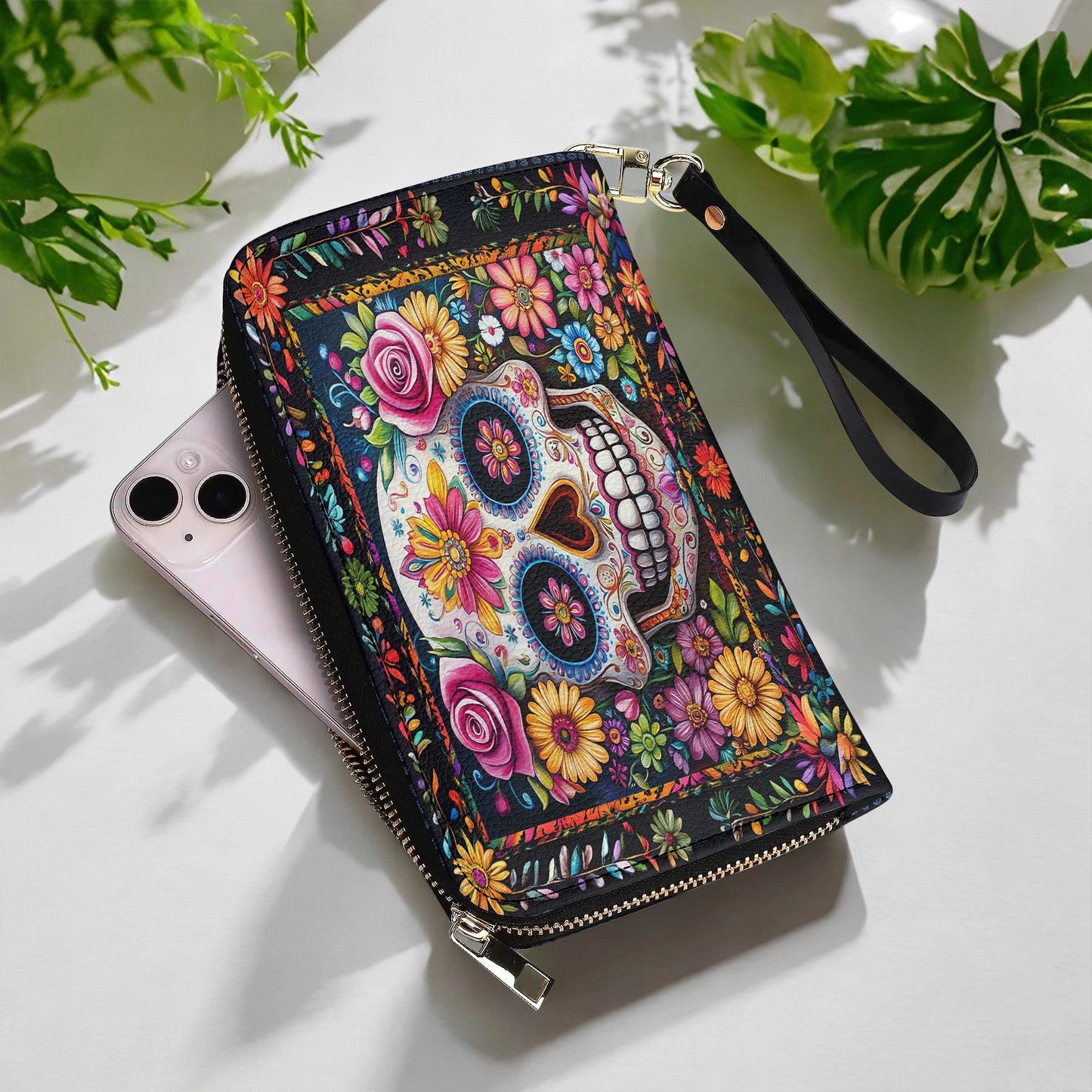 Shineful Leather Clutch Purse With Wristlet Strap Handle Calavera Floral Dreams