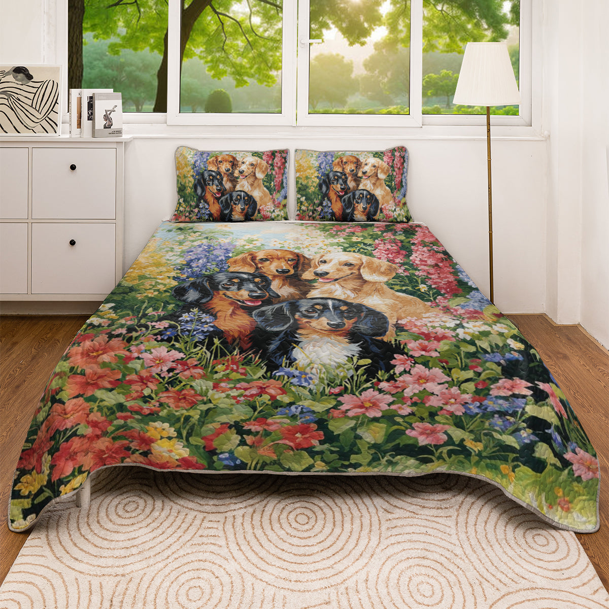 Shineful All Season Quilt 3-Piece Set Spring Floral Dachshund