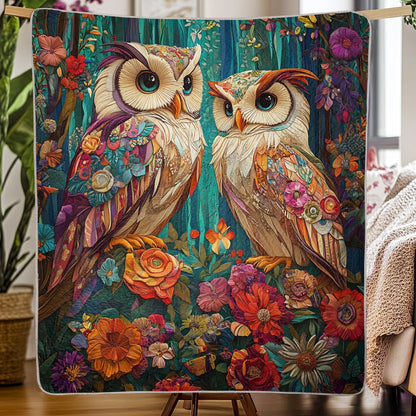 Shineful Flat Print Faux Quilt Blanket - Whimsical Owls Amidst a Kaleidoscope of Forest Blooms