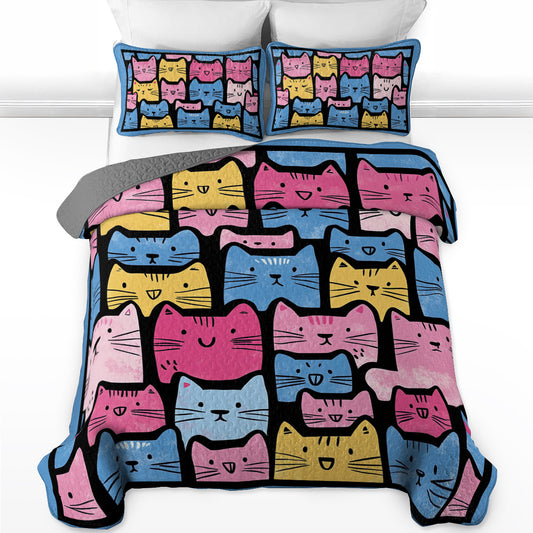 Shineful All Season Quilt 3-Piece Set Colorful Cat Faces