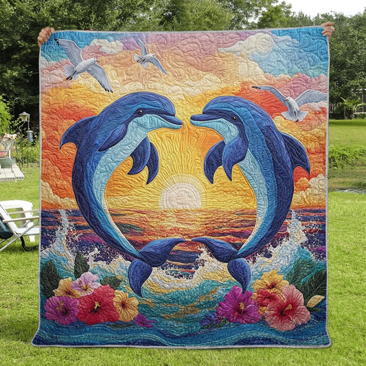 Shineful Flat Print Faux Quilt Blanket - Dolphins Dancing in a Vibrant Sunset Symphony