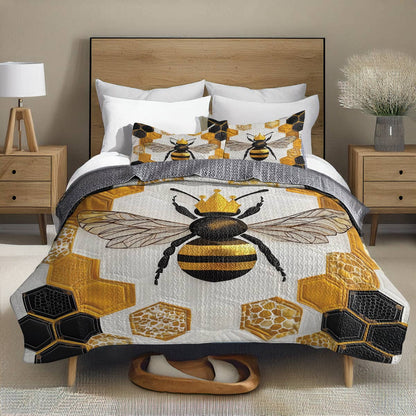 Ensemble de courtepointe toutes saisons Shineful 3 pièces - Queen Bee Honeycomb