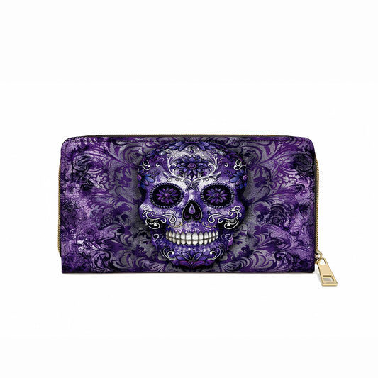 Glänzende Clutch aus Leder mit Trageriemen und wunderschönem Mandala-Totenkopf