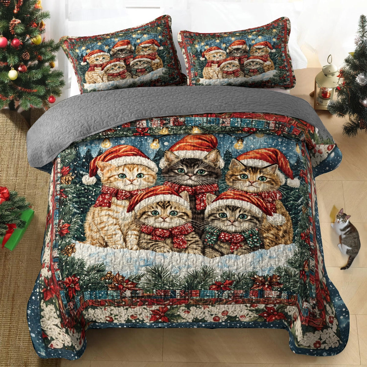 Shineful All Season Quilt 3-Piece Set - Santa’s Little Kittens Christmas