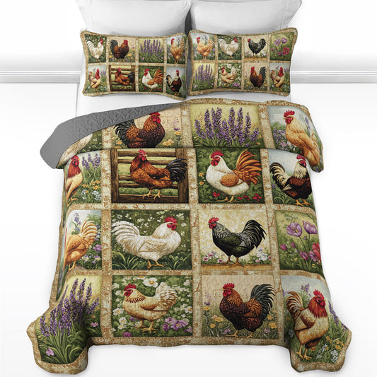 Ensemble de courtepointe toutes saisons Shineful 3 pièces à motif floral et poulet vintage