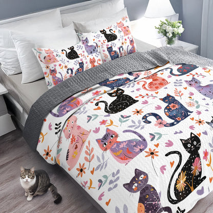 Shineful All Season Quilt 3-Piece Set Whimsical Cat Garden