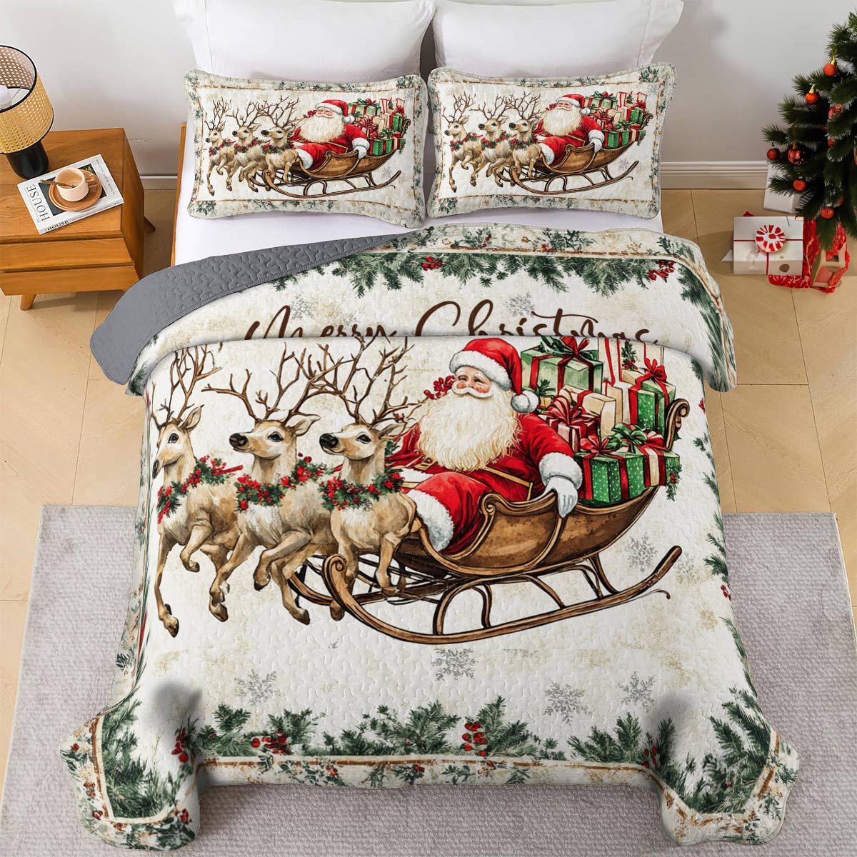 Shineful All Season Quilt 3-Piece Set A Santa In His Sleigh With Gentle Reindeers