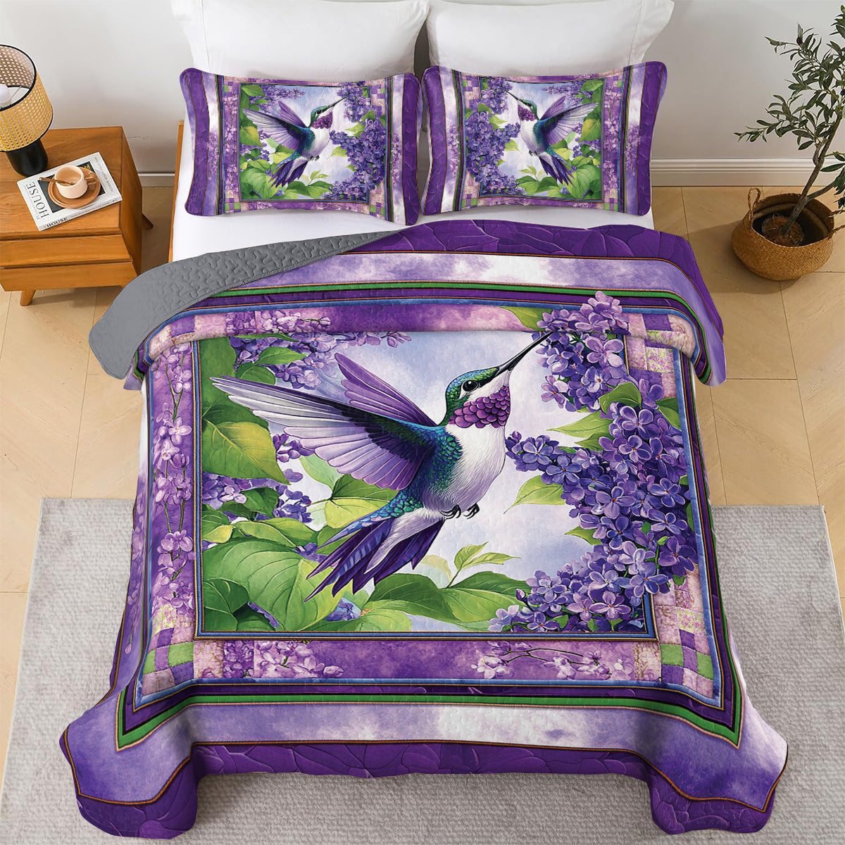 Shineful All Season Quilt 3-Piece Set - Lilac Flight: Hummingbird Quilt