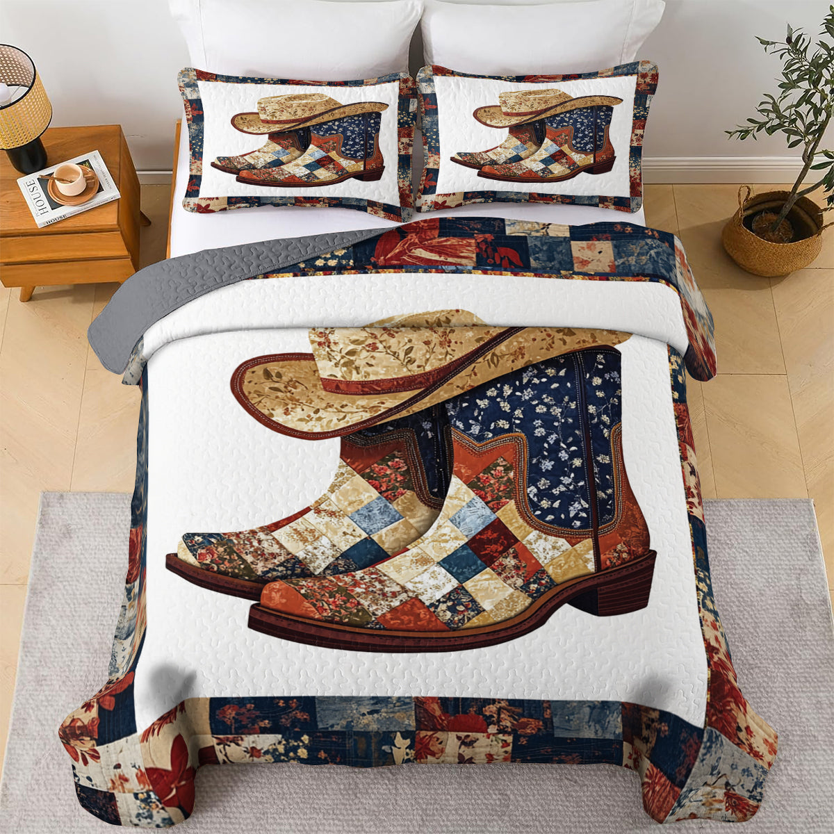 Shineful All Season Quilt 3-teiliges Set Patchwork Cowboystiefel