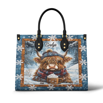 Sac en cuir brillant personnalisé Cozy Highland Cow