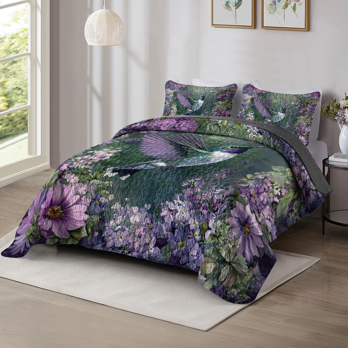 Shineful All Season Quilt 3-Piece Set Hummingbird In Purple Forest