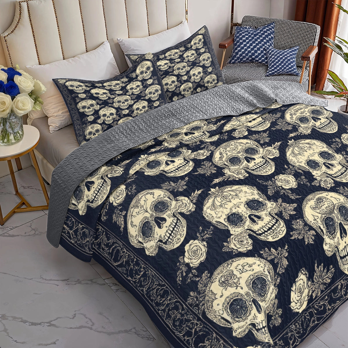 Shineful All Season Quilt 3-Piece Set - Midnight Skull and Roses