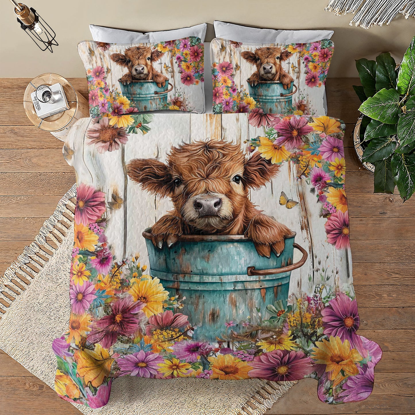 Ensemble de courtepointe toutes saisons Shineful 3 pièces motif vache florale 