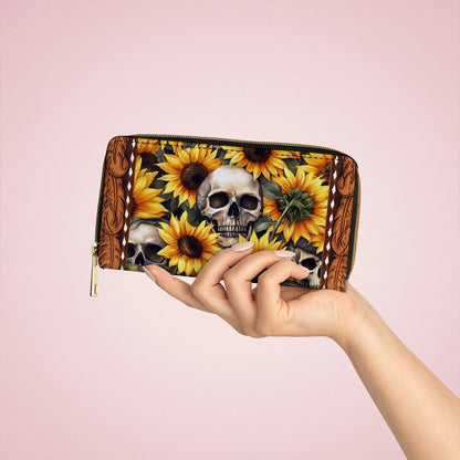 Shineful Leather Clutch Purse With Wristlet Strap Handle Sunflower Skull