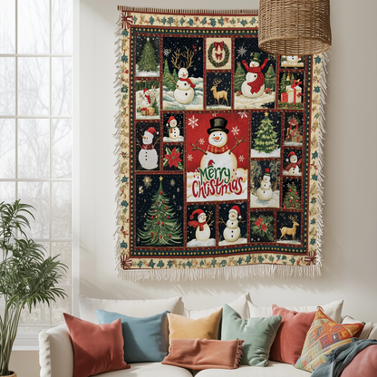 Shineful Woven Tapestry Throw Blanket Merry Snowmen Christmas