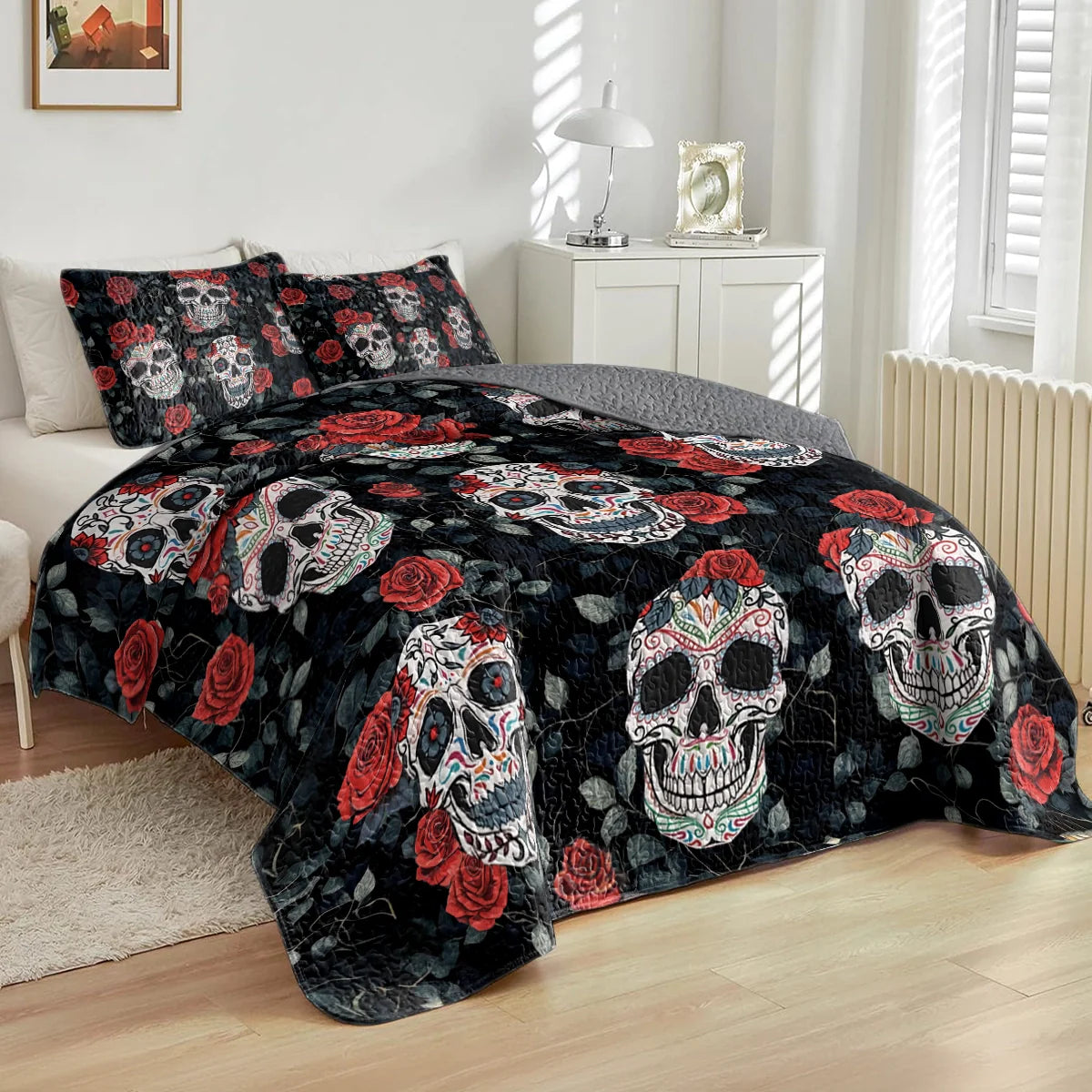 Shineful All Season Quilt 3-Piece Set - Dark Romance Sugar Skull