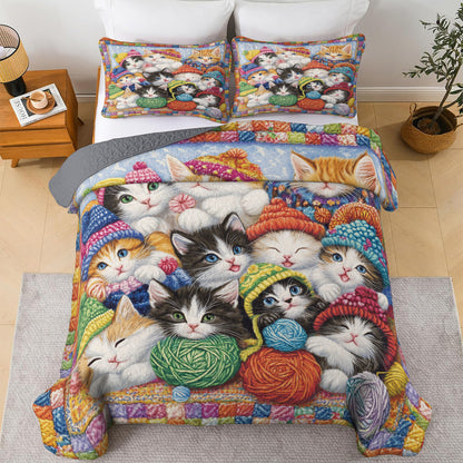 Shineful All Season Quilt 3-Piece Set Cozy Knitted Kittens